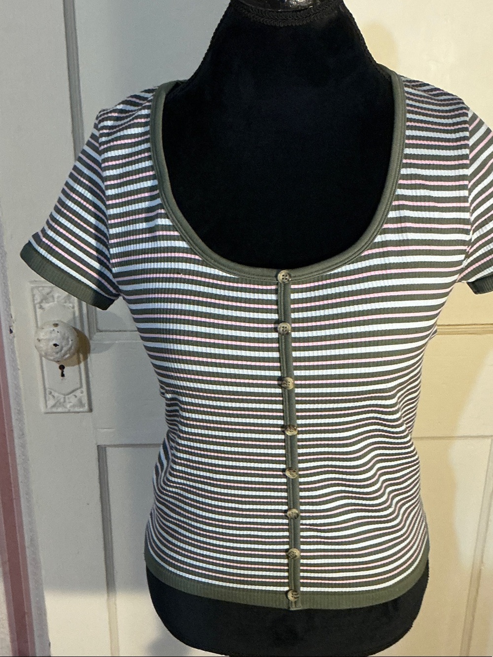 No Boundaries Olive, White & Pink Striped Scoop Neck Crop Top